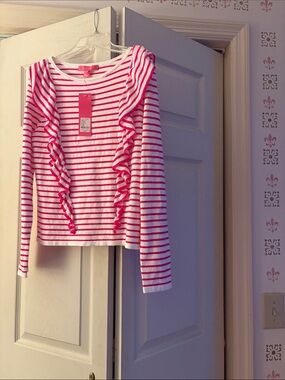 Lilly Pulitzer Pink and White Striped Ruffle Long-Sleeve Tee